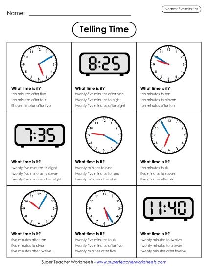 Reading Clocks: Nearest 5 Minutes - Time Nearest 5 Mins (Multiple Choice) (Printable PDF Worksheet)