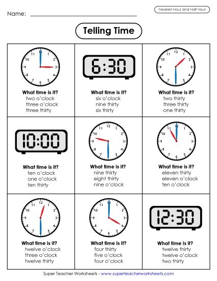 Reading Clocks: Nearest Half Hour - Time Nearest Half Hour (Multiple Choice) (Printable PDF Worksheet)