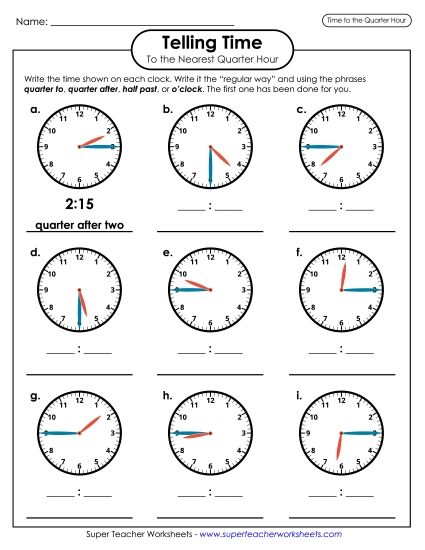Quarter Hours - Time: Quarter Hours (Printable PDF Worksheet)