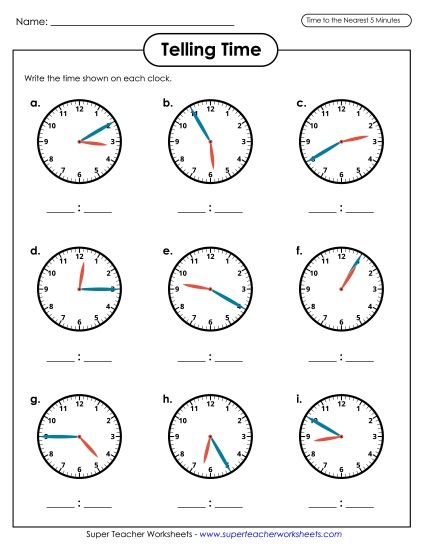 Reading Clocks: Nearest 5 Minutes - Time to the Nearest 5 Minutes (Printable PDF Worksheet)
