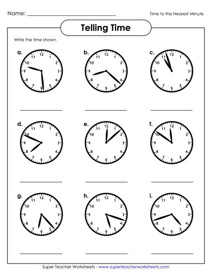 Reading Clocks: Nearest Minute - Time to the Nearest Minute 1 (Printable PDF Worksheet)
