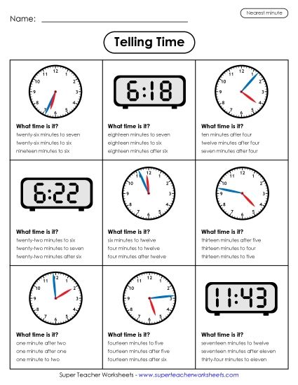 Reading Clocks: Nearest Minute - Time to the Nearest Minute (Multiple Choice) (Printable PDF Worksheet)