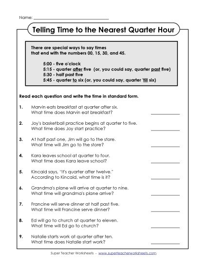 Quarter Hours - Time Worksheet (Quarter Hour) (Printable PDF Worksheet)