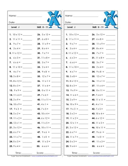 All Facts 0s through 11s - Timed Quiz: 0-11 (Printable PDF Worksheet)