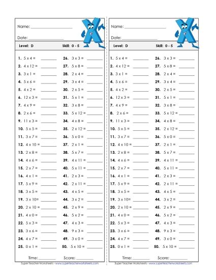 All Facts 0s through 5s - Timed Quiz 0-5 (Printable PDF Worksheet)