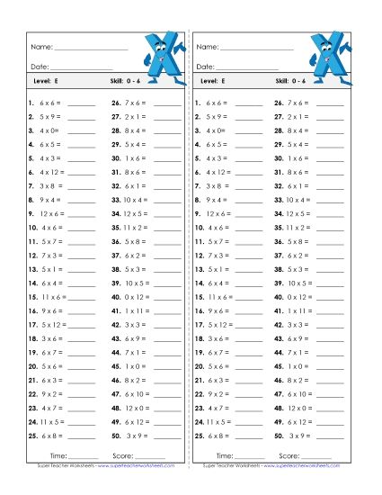 All Facts 0s through 6s - Timed Quiz 0-6 (Printable PDF Worksheet)