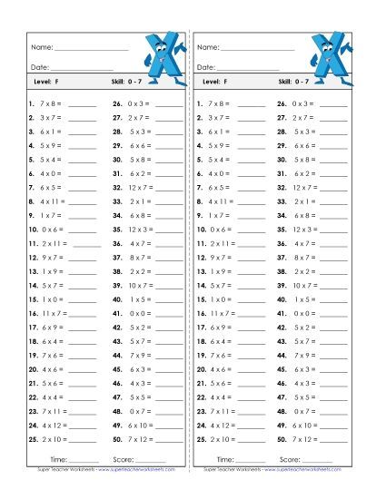All Facts 0s through 7s - Timed Quiz 0-7 (Printable PDF Worksheet)