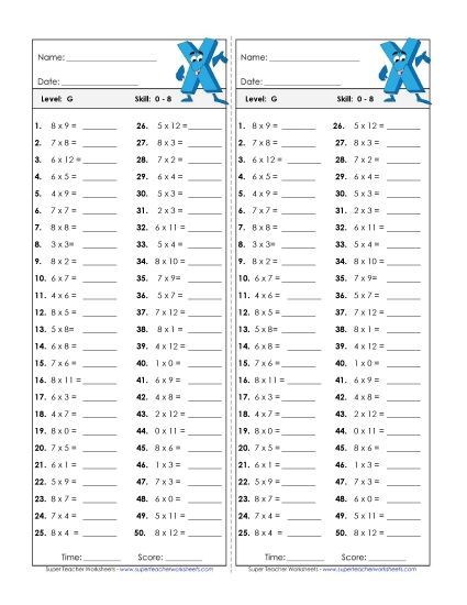 All Facts 0s through 8s - Timed Quiz 0-8 (Printable PDF Worksheet)