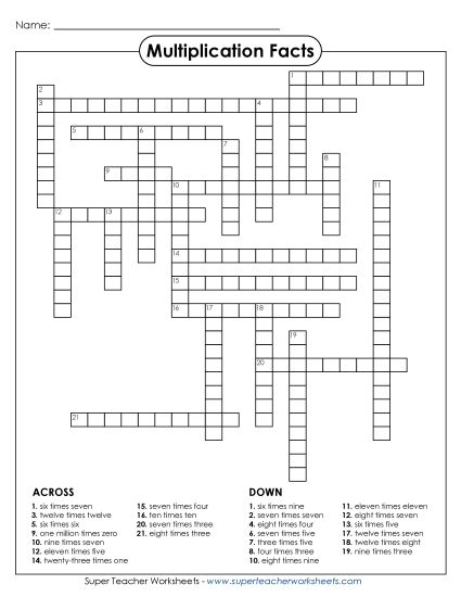 Worksheets and Games - Times Table Crossword (Printable PDF Worksheet)