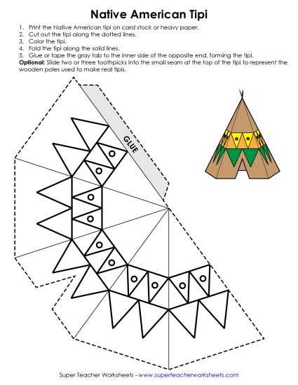 Traditional Native American Homes - Tipi Craft (with Pattern Designs) (Printable PDF Worksheet)