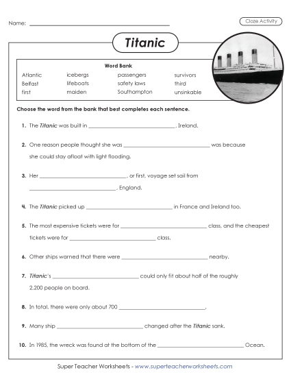 Worksheets - Titanic Cloze Activity (Printable PDF Worksheet)