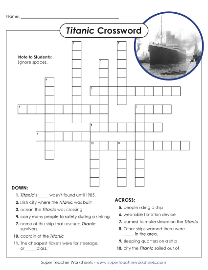 Puzzles - Titanic Crossword (Printable PDF Worksheet)