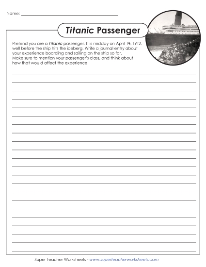 Writing Prompts - Titanic Passenger (Journal Entry) (Printable PDF Worksheet)
