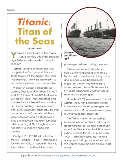 Nonfiction Articles - Titanic: Titan of the Seas (Printable PDF Worksheet)