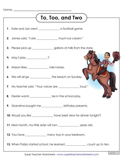 To, Too, Two - To, Too, Two (Printable PDF Worksheet)