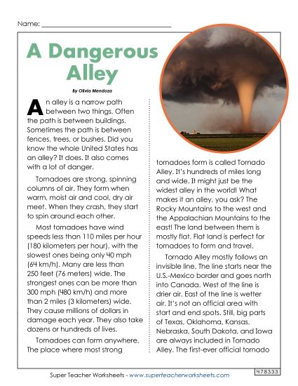 Reading Comprehension - Tornado Article (Printable PDF Worksheet)