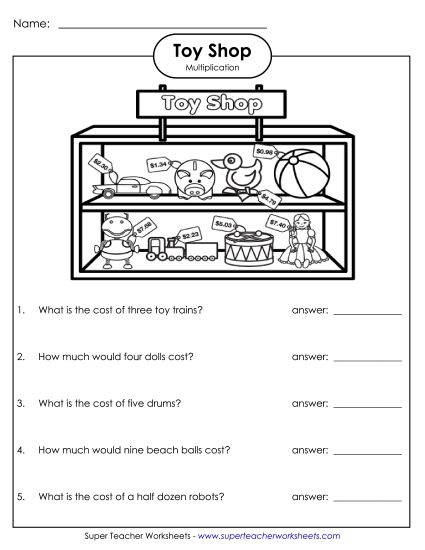 Money Times 1-Digit Worksheets - Toy Shop Multiplication Money: 1-digit (Printable PDF Worksheet)