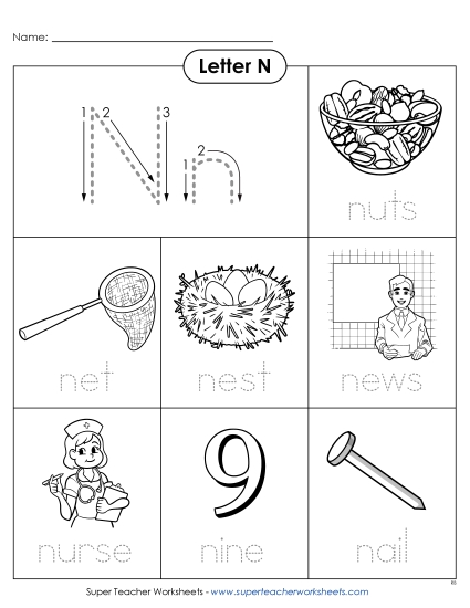 Worksheets - Trace-and-Say: Starts with N n (Printable PDF Worksheet)