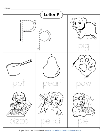 Worksheets - Trace-and-Say: Starts with P p (Printable PDF Worksheet)