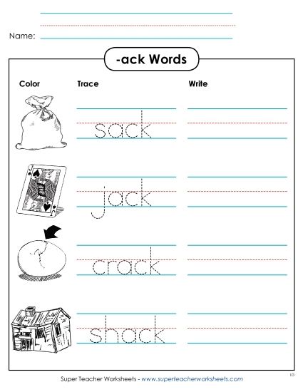 Worksheets - Trace and Write (-ack) (Printable PDF Worksheet)