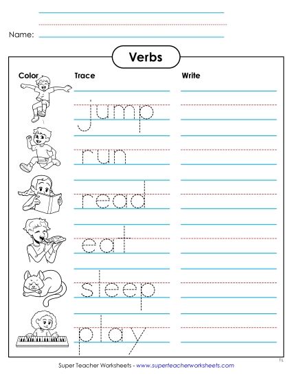 Basic Action Verbs - Trace and Write (Action Verbs) (Printable PDF Worksheet)