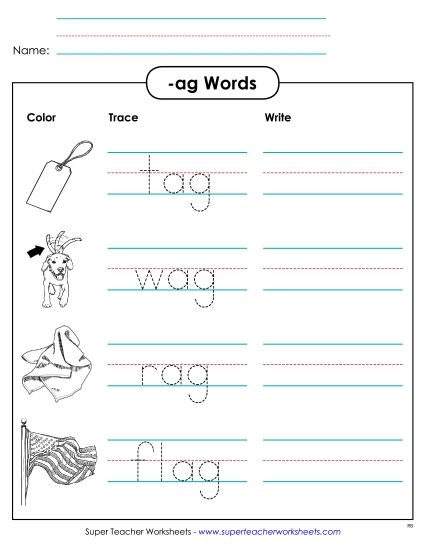 Worksheets - Trace and Write (-ag) (Printable PDF Worksheet)
