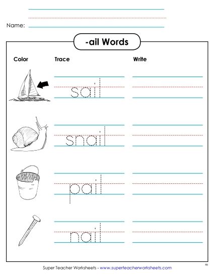 Worksheets - Trace and Write (-ail) (Printable PDF Worksheet)