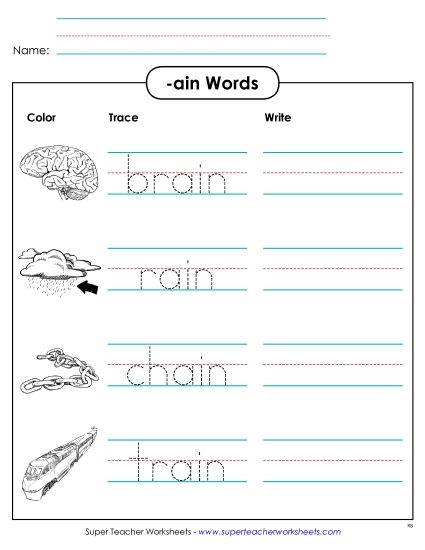 Worksheets - Trace and Write (-ain) (Printable PDF Worksheet)