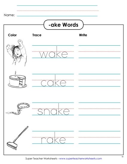 Worksheets - Trace and Write (-ake) (Printable PDF Worksheet)