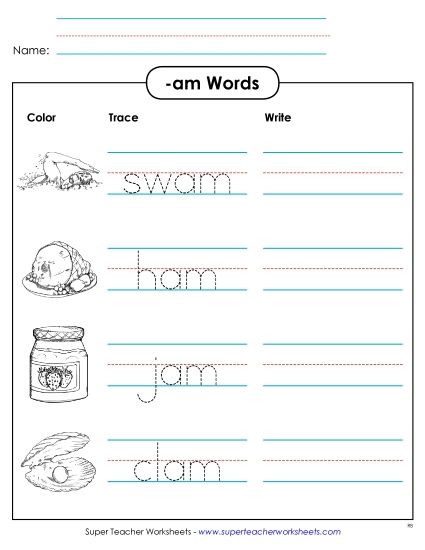 Worksheets - Trace and Write (-am) (Printable PDF Worksheet)