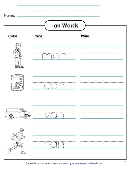 Worksheets - Trace and Write (-an) (Printable PDF Worksheet)