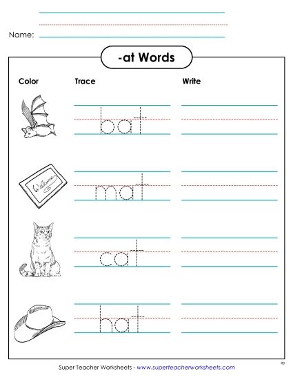 Worksheets - Trace and Write (-at) (Printable PDF Worksheet)