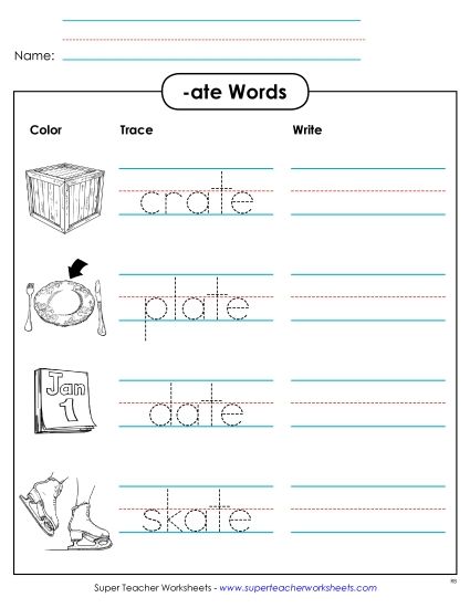 Worksheets - Trace and Write (-ate) (Printable PDF Worksheet)