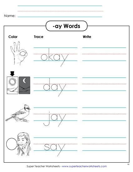 Worksheets - Trace and Write (-ay) (Printable PDF Worksheet)