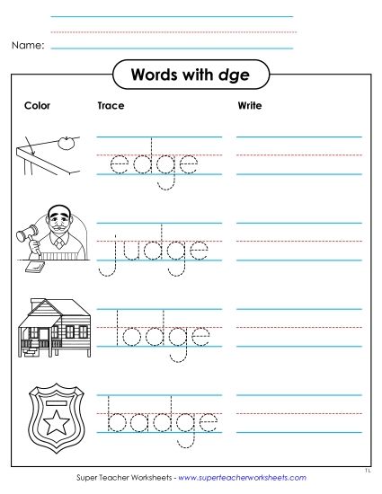 Worksheets - Trace and Write (-dge Words) (Printable PDF Worksheet)