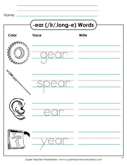 Worksheets - Trace and Write (-ear) (Printable PDF Worksheet)
