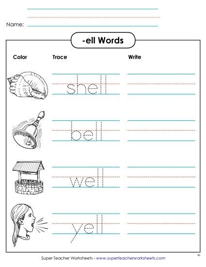 Worksheets - Trace and Write (-ell) (Printable PDF Worksheet)