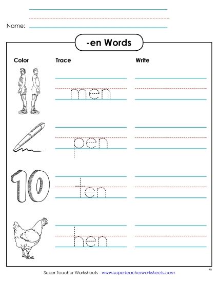 Worksheets - Trace and Write (-en) (Printable PDF Worksheet)