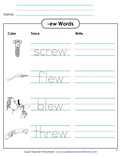 Worksheets - Trace and Write (-ew) (Printable PDF Worksheet)
