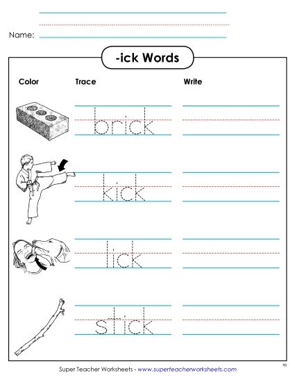 Worksheets - Trace and Write (-ick) (Printable PDF Worksheet)
