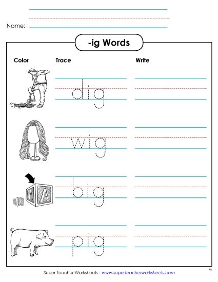 Worksheets - Trace and Write (-ig) (Printable PDF Worksheet)
