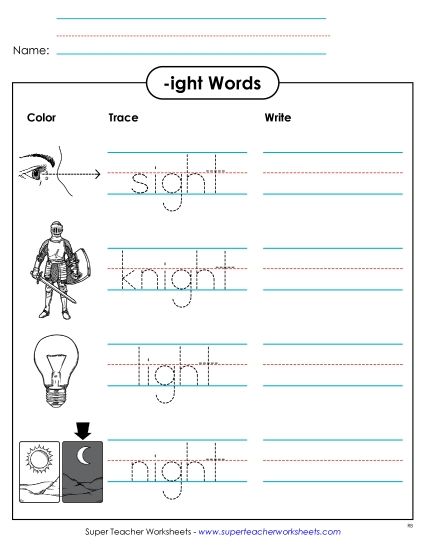 Worksheets - Trace and Write (-ight) (Printable PDF Worksheet)