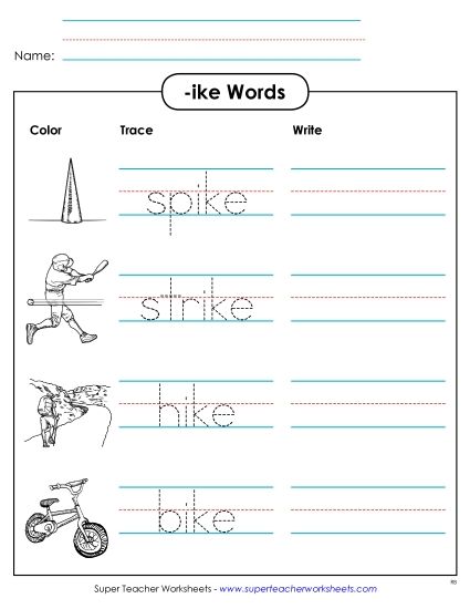 Worksheets - Trace and Write (-ike) (Printable PDF Worksheet)