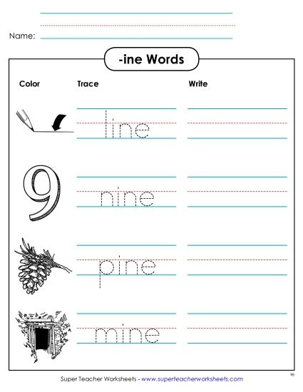 Worksheets - Trace and Write (-ine) (Printable PDF Worksheet)
