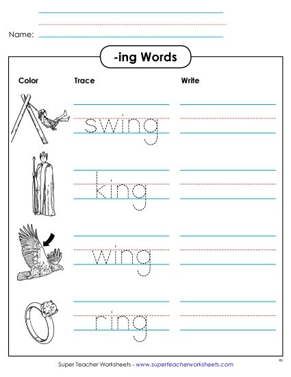 Worksheets - Trace and Write (-ing) (Printable PDF Worksheet)