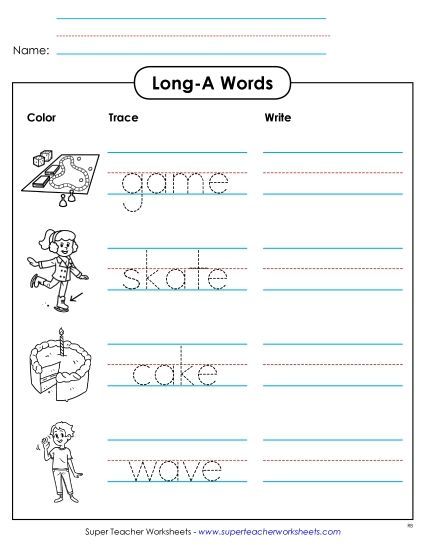 Worksheets - Trace and Write (Long A) (Printable PDF Worksheet)