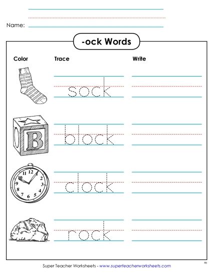 Worksheets - Trace and Write (-ock) (Printable PDF Worksheet)