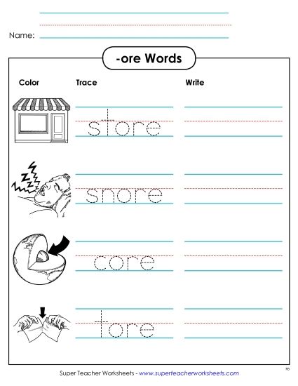 Worksheets - Trace and Write (-ore) (Printable PDF Worksheet)