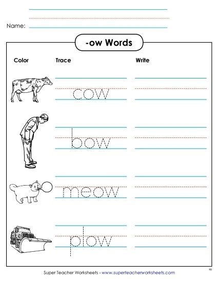 /ow/ Sound (as in Cow) - Trace and Write (-ow) (Printable PDF Worksheet)