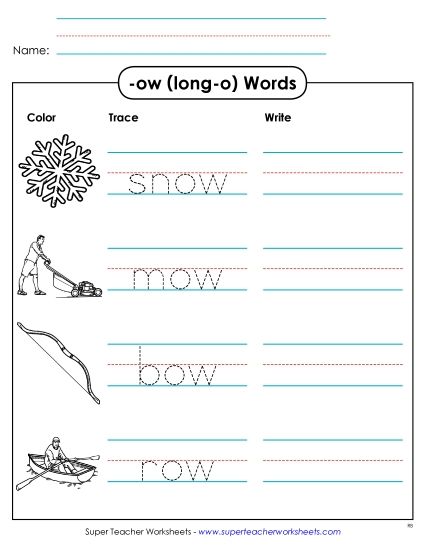Long-O Sound (as in Grow) - Trace and Write (-ow) (Printable PDF Worksheet)